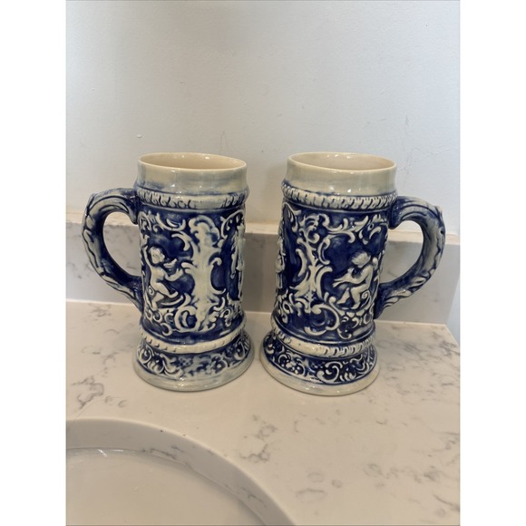 The Unbranded Brand Other - Vintage‎ Cobalt Beer Stein Set Gerz-style Unmarked Victorian Couple Cherubs EUC